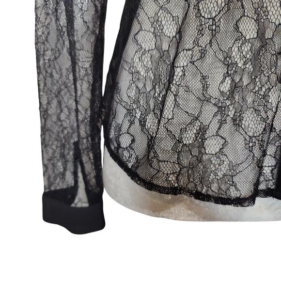 Bebe Women's Sz XS Black Sheer Lace Button Up Shirt Ruffle High Neckline - Picture 4 of 6